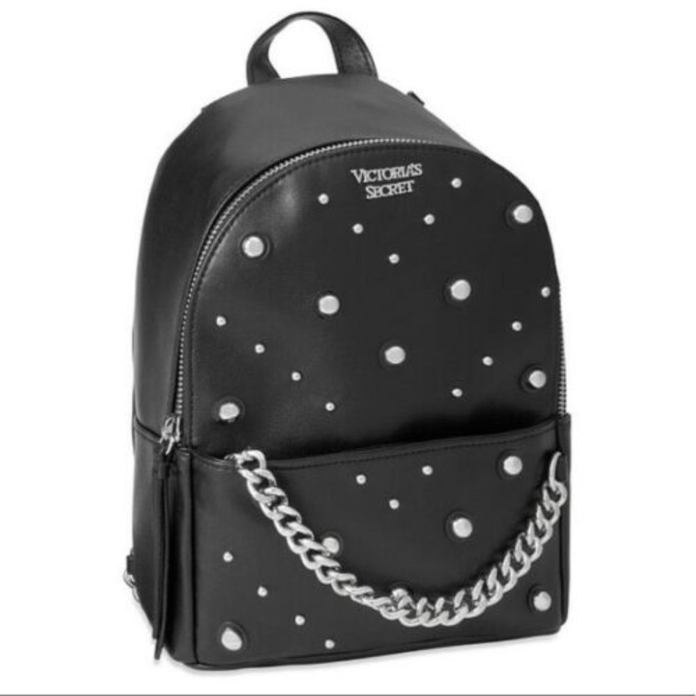NWT VICTORIAS SECRET SMALL CITY MIXED STUD BACKPACK BLACK SILVER